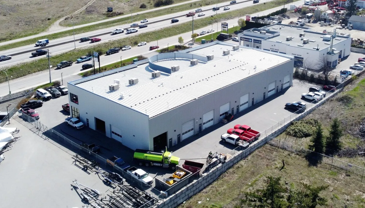 Southeast-facing aerial of 1060 Stevens Road, West Kelowna