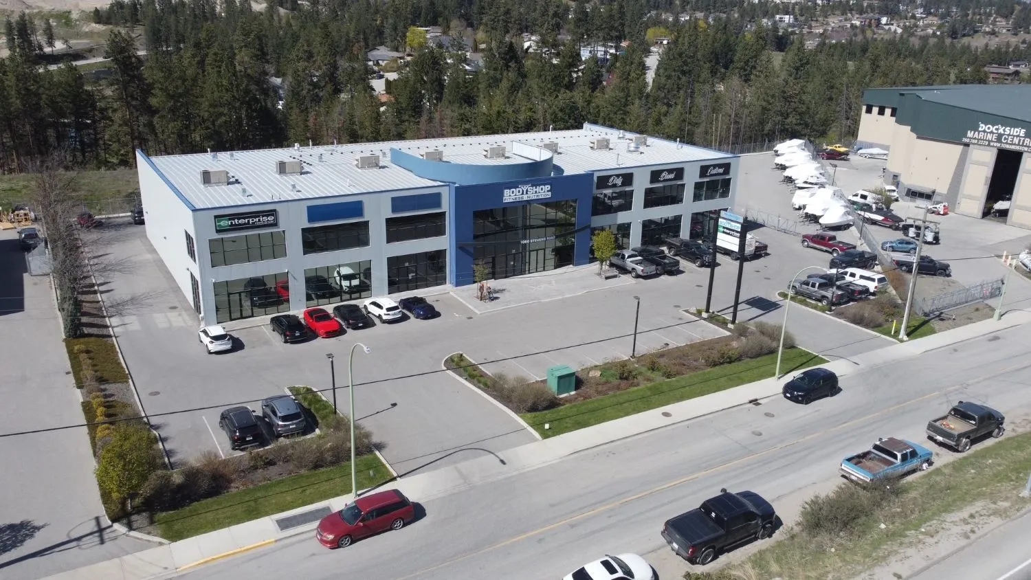 North-facing aerial of 1060 Stevens Road, West Kelowna